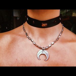 Black Leather Amber & Silver Choker